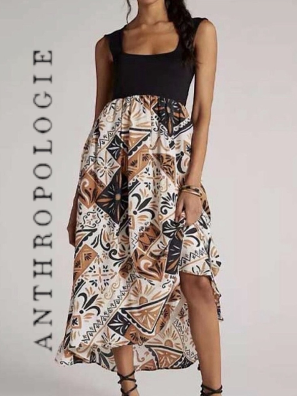 Anthropologie boho 🖤🤎  sleeveless twofer dress neutral pattern size Large